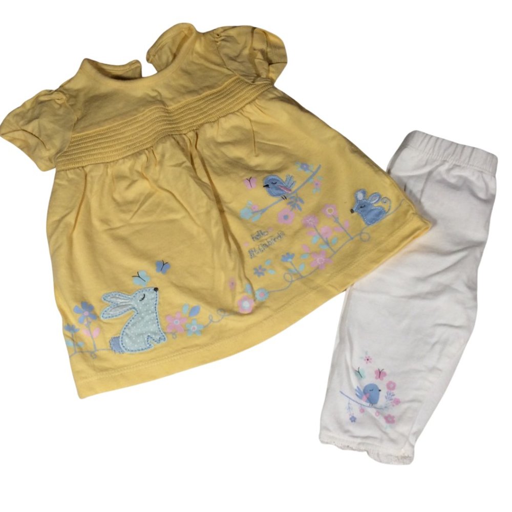 👣 5/$25 - Yellow 2 Piece "Hello Little Bird" Outfit w/ Wildlife Appliques